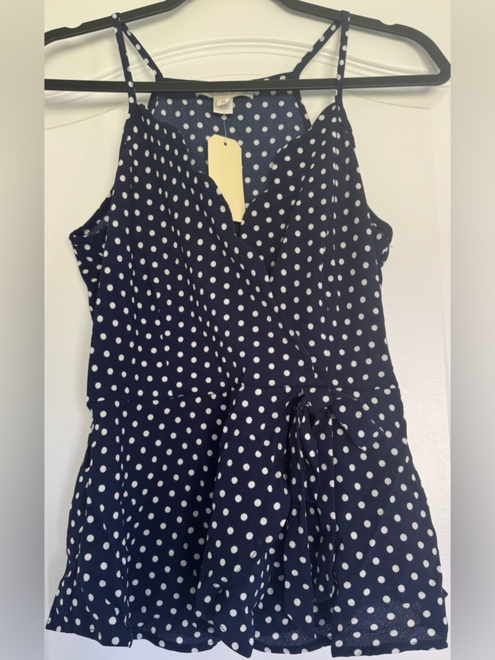 NWT Monteau Polka Dot Peplum Top M Navy White Elastic Waist